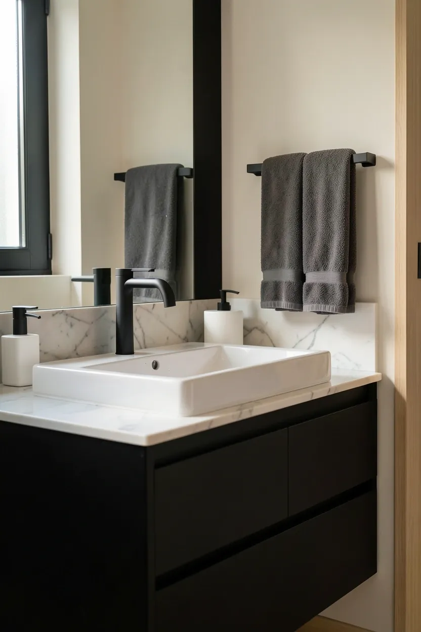 Matte black faucet and towel bar creating bold contrast against white marble tiles in an elegant bathroom