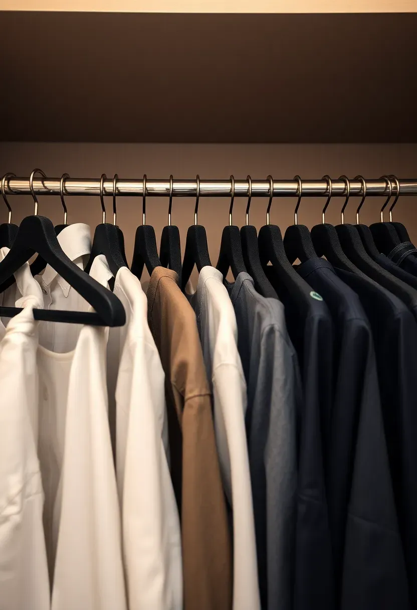 Closet rod filled with matching dark grey velvet slim hangers holding shirts and blouses in an orderly rainbow arrangement