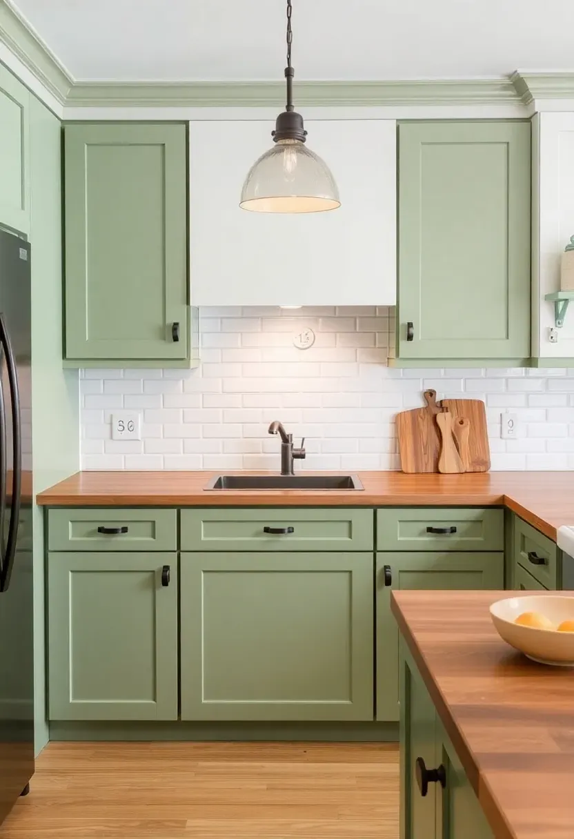 Kitchen with freshly painted sage green lower cabinets and white upper cabinets, butcher block countertops, and black iron handles