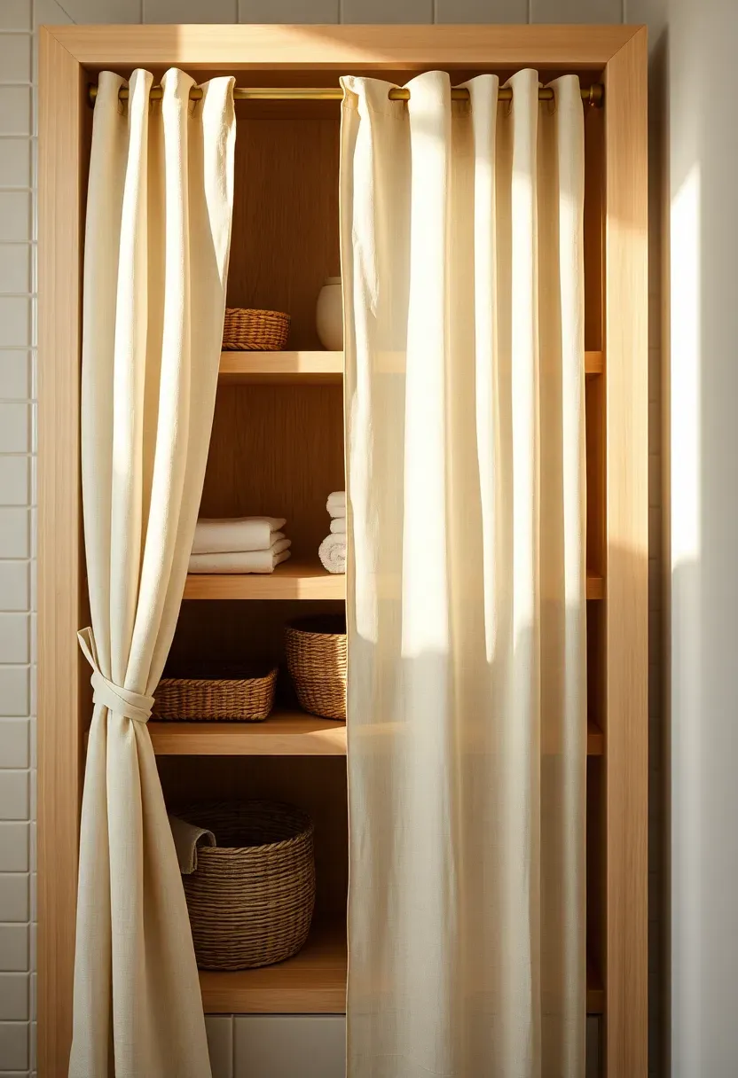 Open bathroom shelving unit with a linen curtain pulled to one side revealing stacked towels and baskets