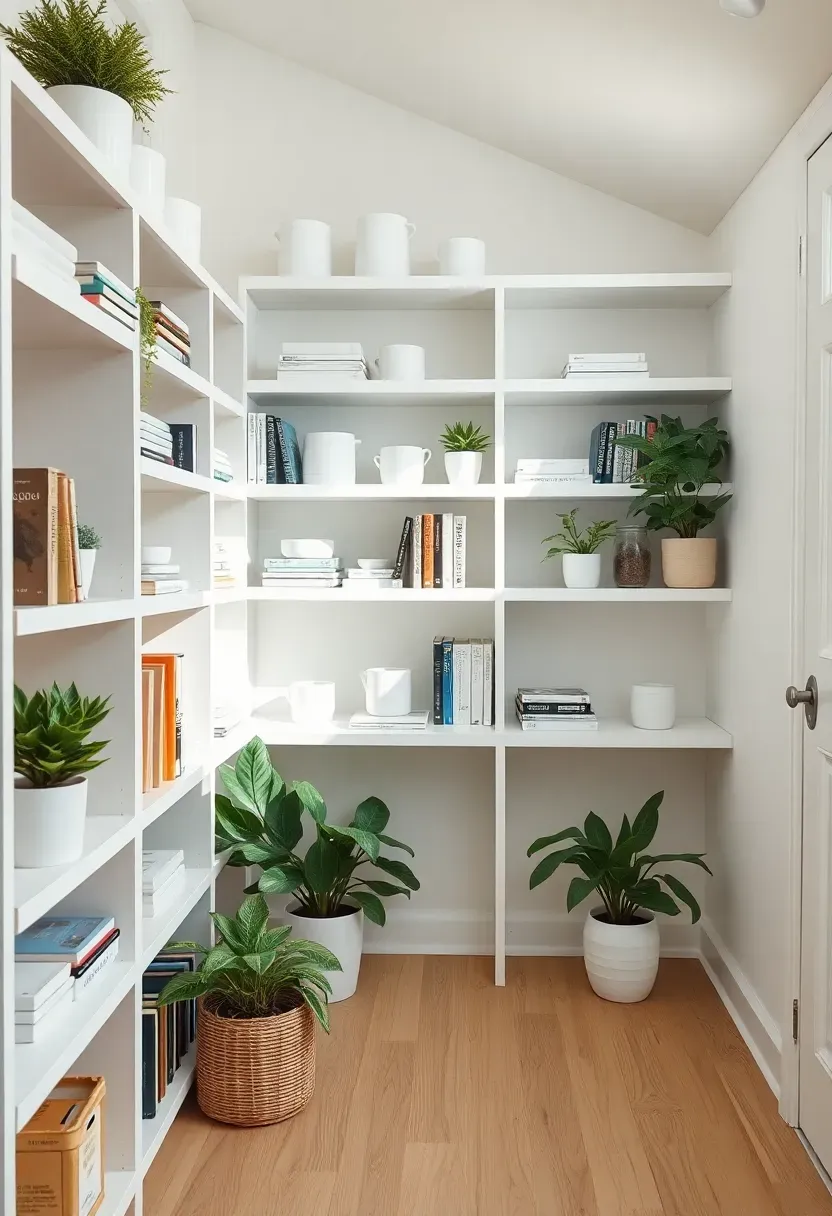 Hyper-realistic 3/4 view of tiny house with white open shelving, showing consistent organization with matching white ceramic storage containers, books arranged by color with consistent spacing, plants in white pots, minimal curated display feeling intentional rather than cluttered, white walls, light oak floor. Materials: white oak shelving, white ceramic containers, books, white ceramic pots, light oak floor, white walls. Bright natural light, soft shadows, organized consistency emphasized.</p>