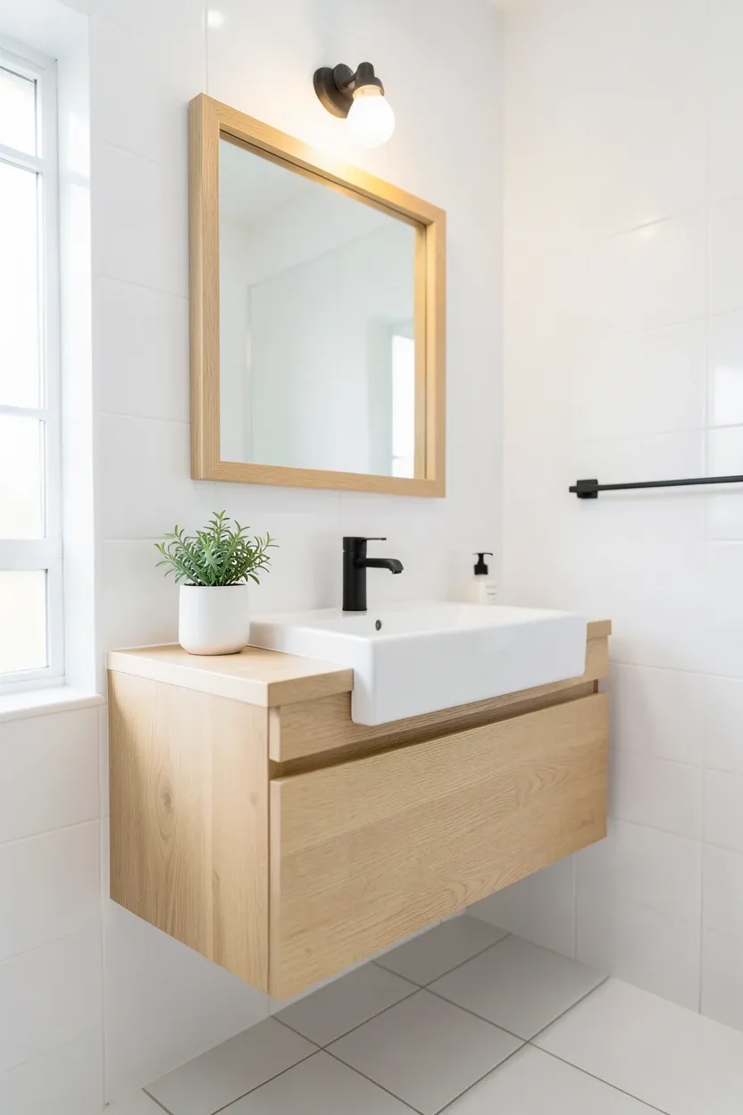 Beige subway tile shower wall with dark charcoal grout lines, modern contrast in a neutral bathroom