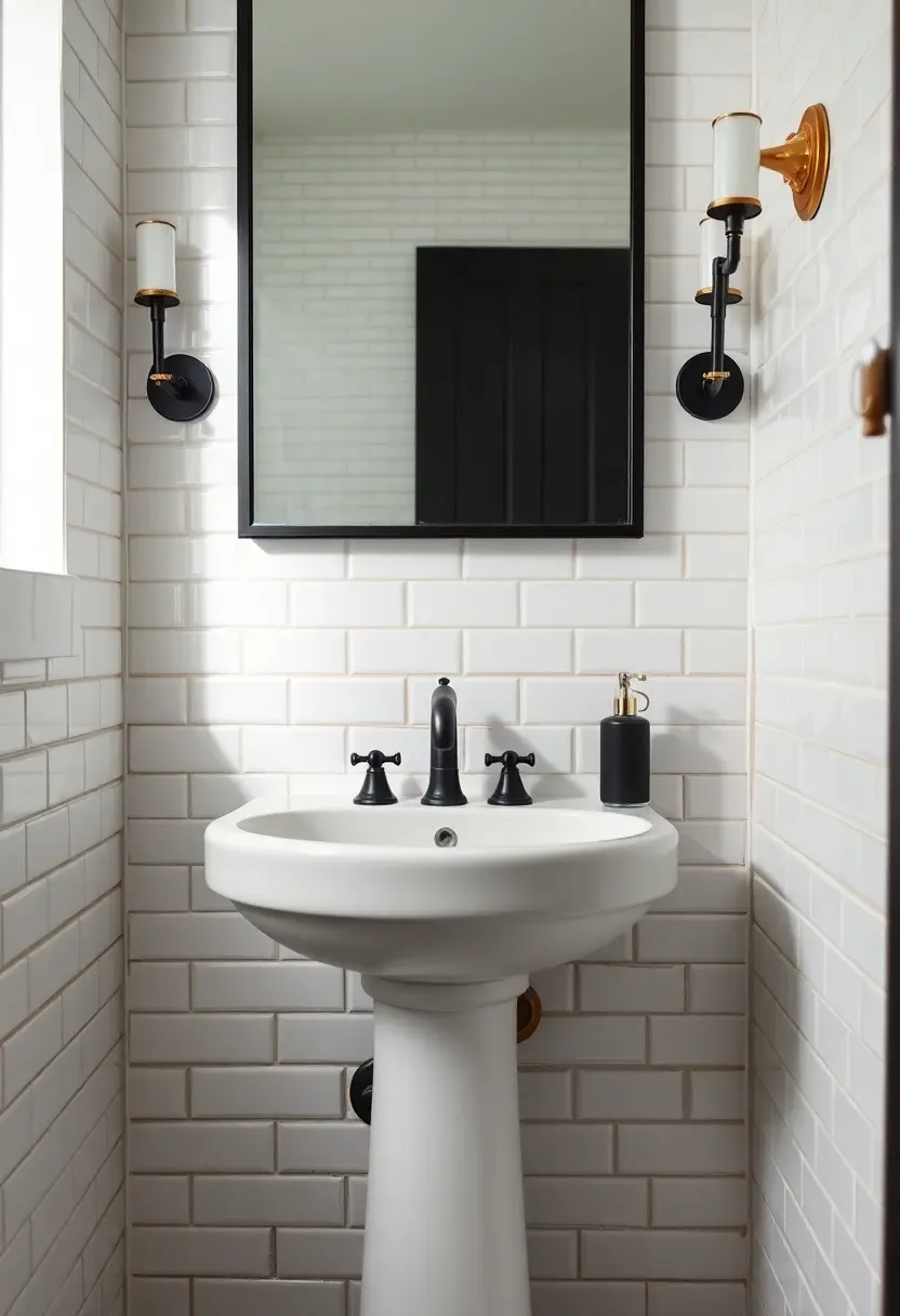 Classic white porcelain pedestal sink with matte black faucet — timeless black and white bathroom hardware upgrade