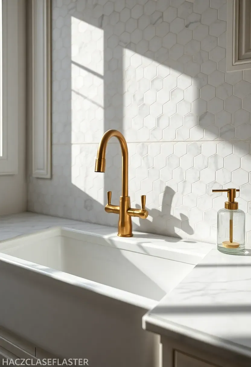 hexagonal marble mosaic backsplash tile in Carrara white with delicate gray veining behind a farmhouse sink