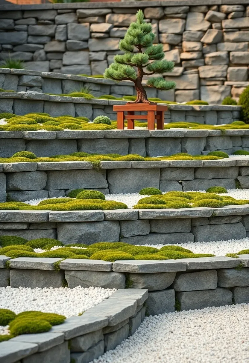 Terraced zen garden with stacked flat stone tiers, cushion moss planted in the joints, raked gravel at the base level, and ornamental black pine bonsai on the top tier