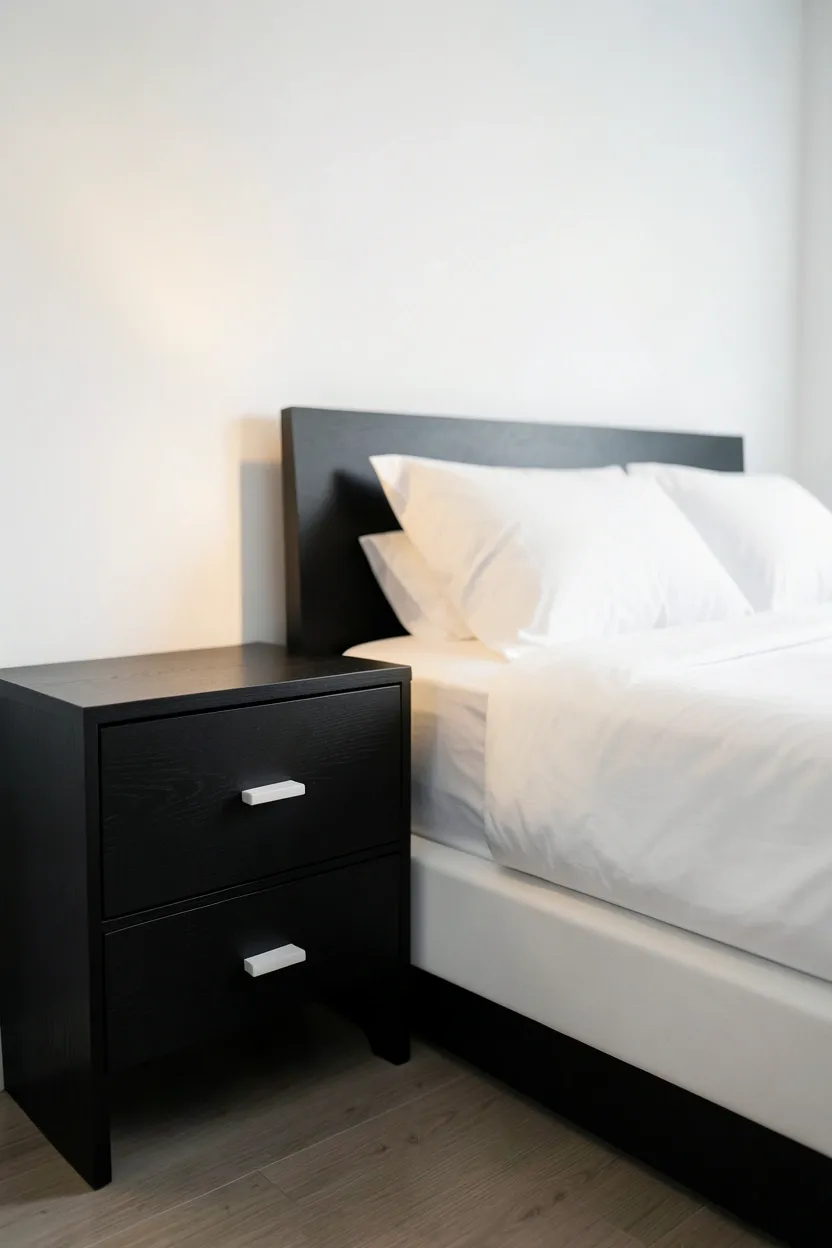Two matching black nightstands flanking a white bed against bright white bedroom walls for striking monochrome contrast