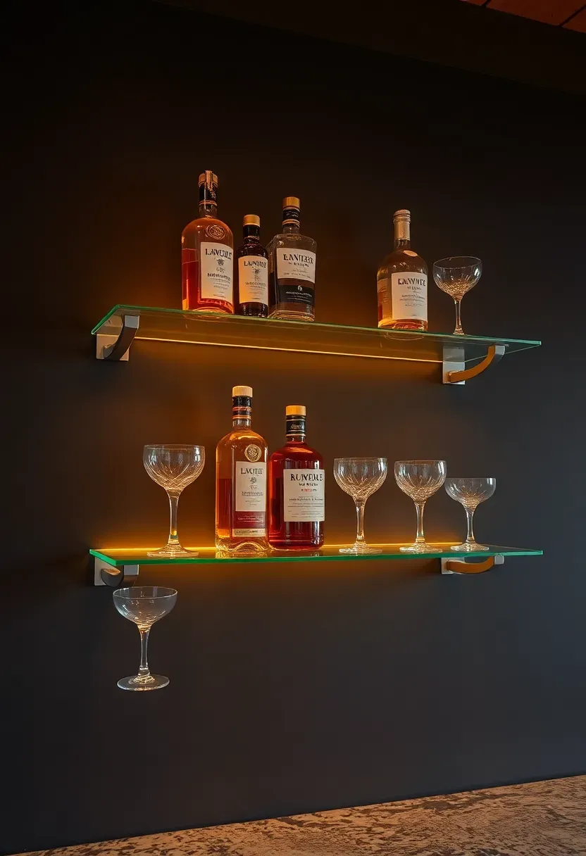 basement wet bar with tempered glass floating shelves holding bottles backlit by warm LED strip lights