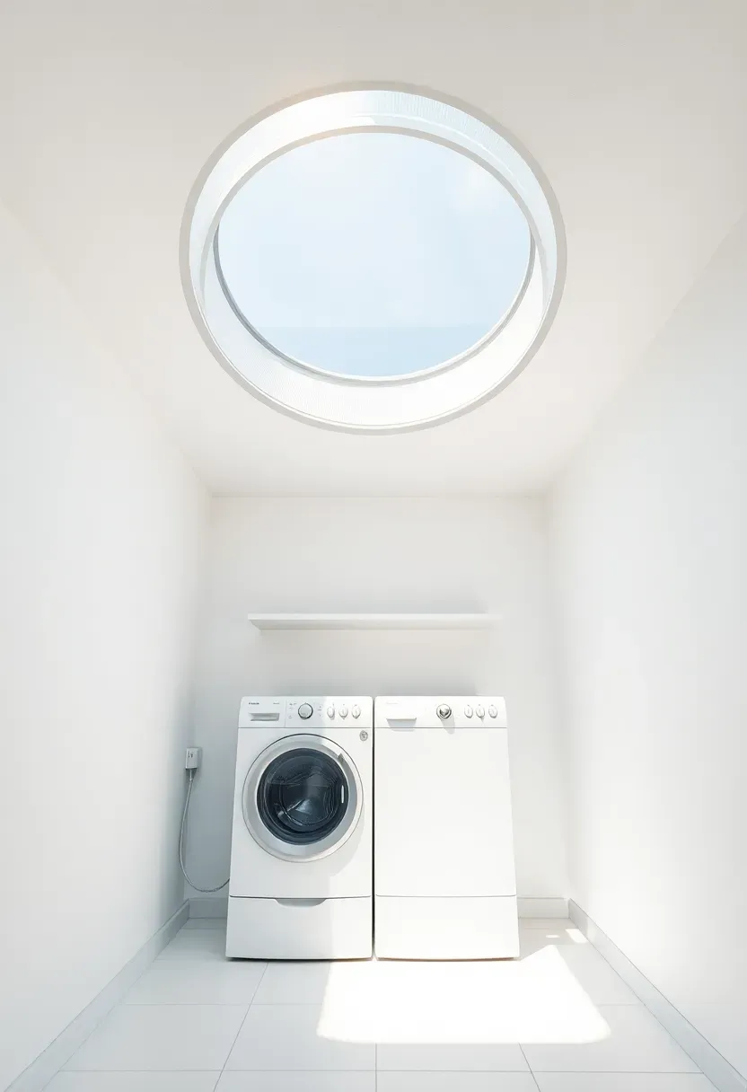 Skylight above a stacked washer dryer flooding a small white laundry room with natural sunlight and casting soft shadows