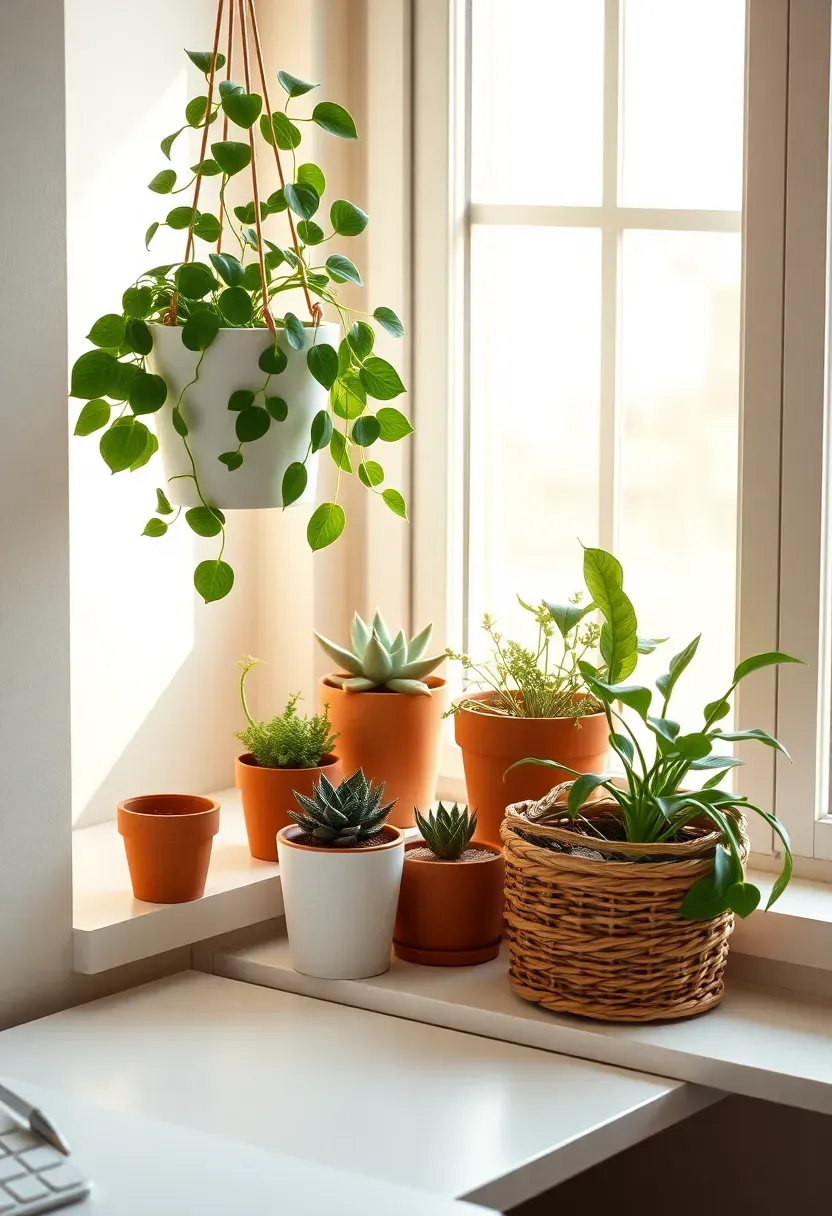 bright dorm room windowsill and desk covered with small potted plants in ceramic pots golden morning light