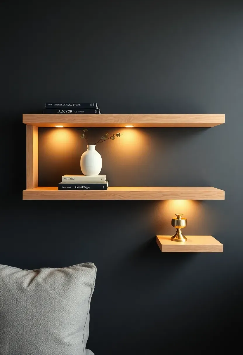 Floating wooden shelves on a basement wall displaying books, small plants, and decorative objects with accent lighting