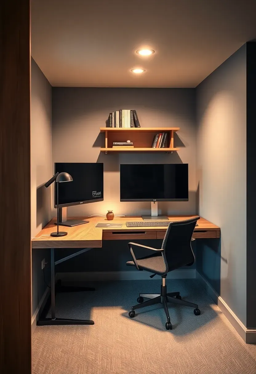 Basement corner with an L-shaped walnut desk, dual monitors, overhead shelf, and task lamp in a warm-toned workspace