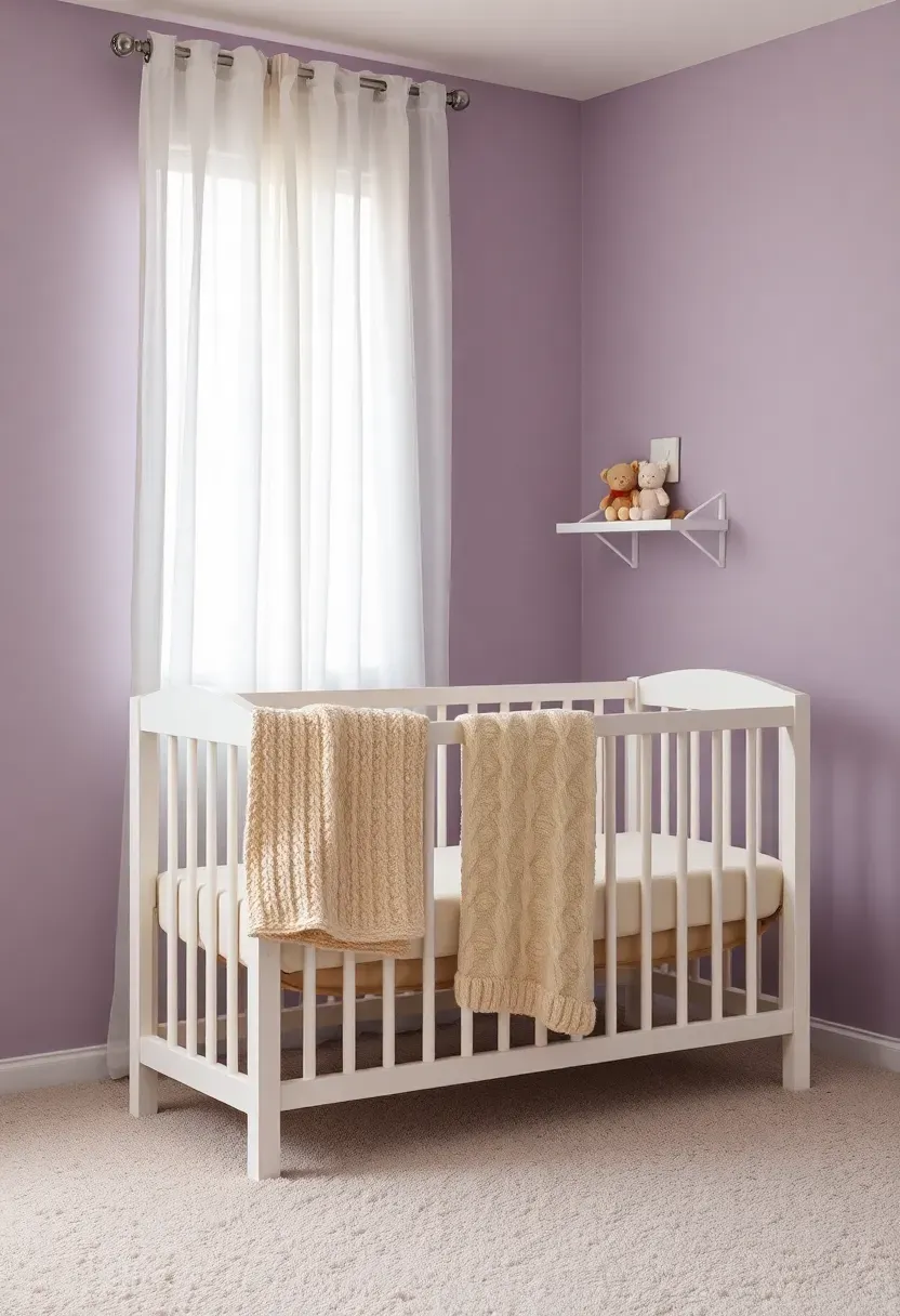 serene nursery painted in muted lavender with white crib and soft neutral textiles