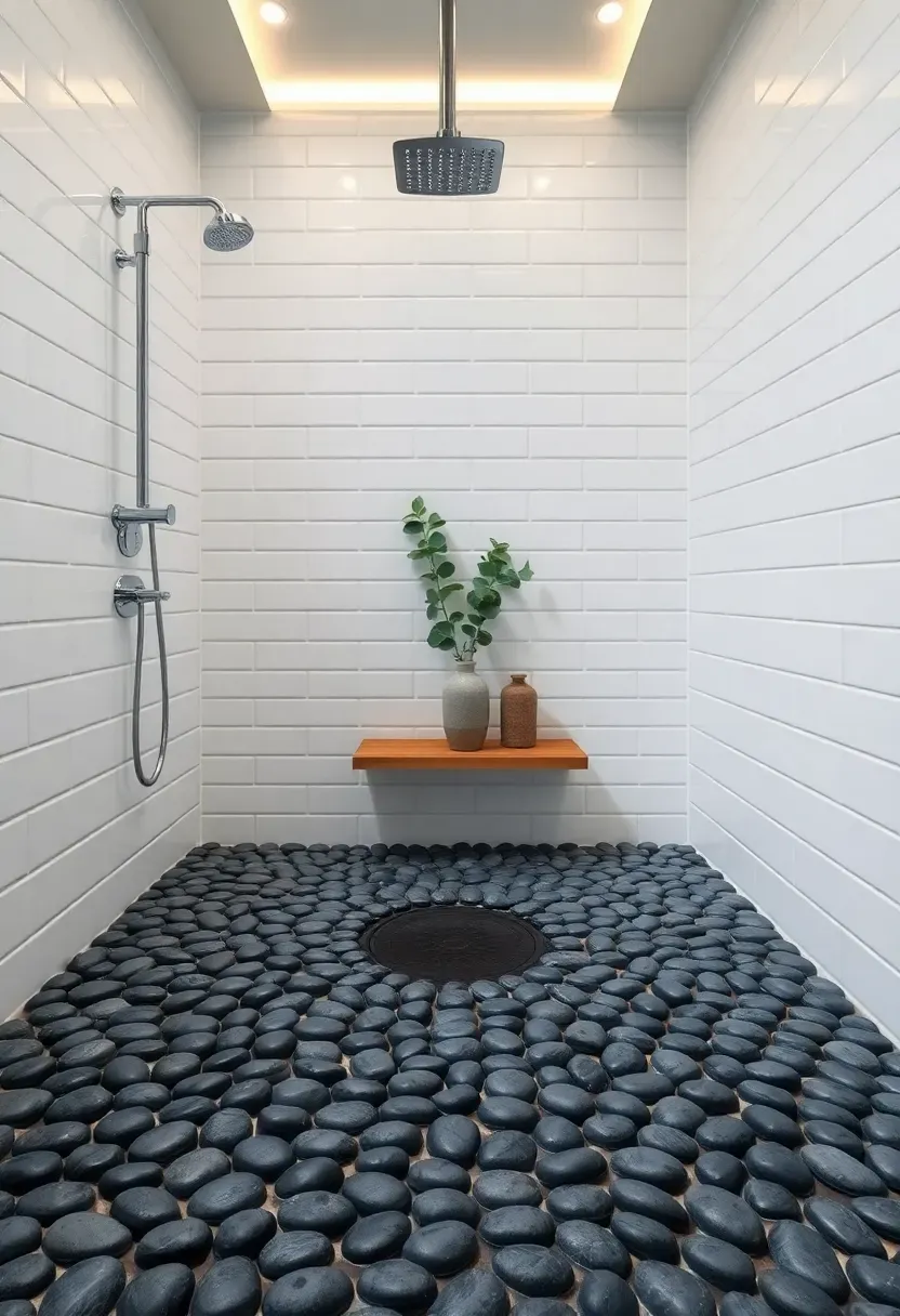 River pebble stone shower floor with subway tile walls and recessed lighting in a spa-style bathroom