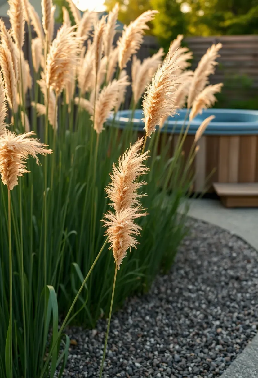 Tall ornamental Karl Foerster feather reed grass swaying in the breeze along a curved border behind a backyard hot tub with a gravel path