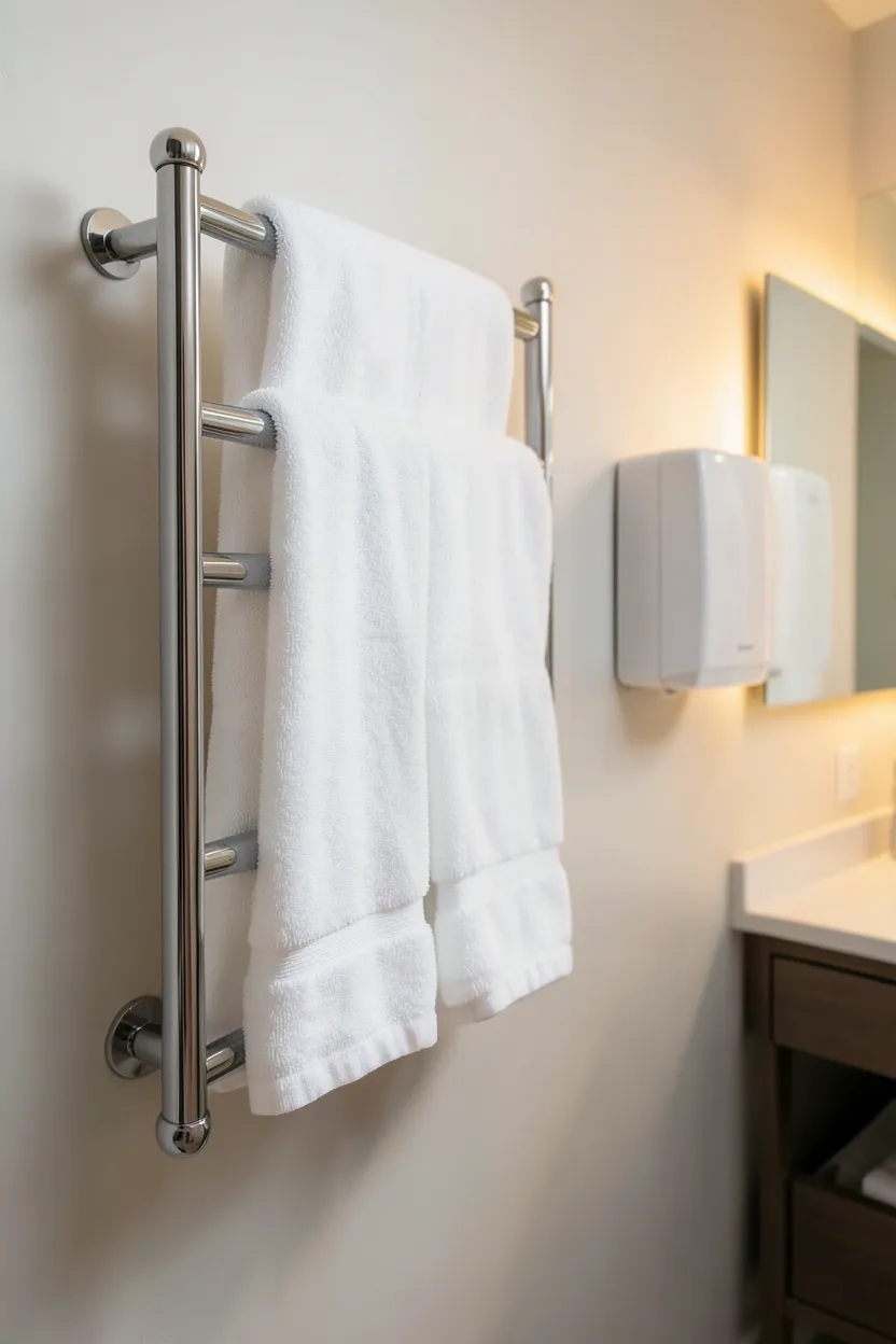 Wall-mounted chrome towel warmer rack in a Toca Boca big family bathroom with multiple bars holding neatly folded colorful towels