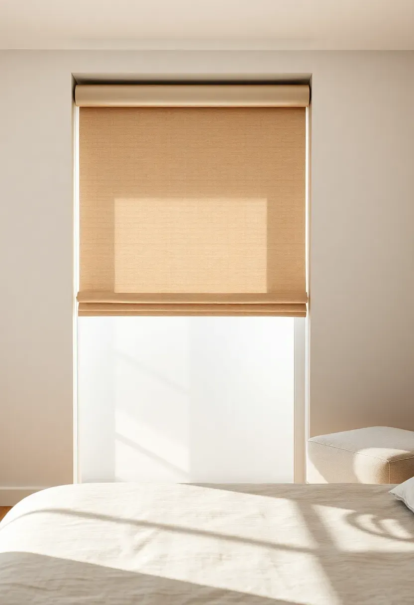 Neutral fabric roller shade pulled halfway down over a closet opening in a clean modern bedroom