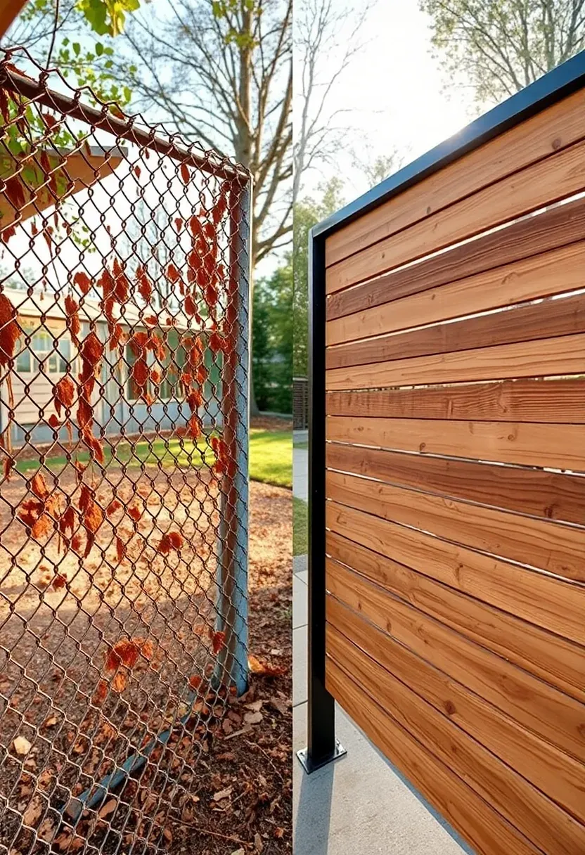Ranch home side porch area before with rusty chain link fencing and after with horizontal cedar slat privacy screen stained honey brown