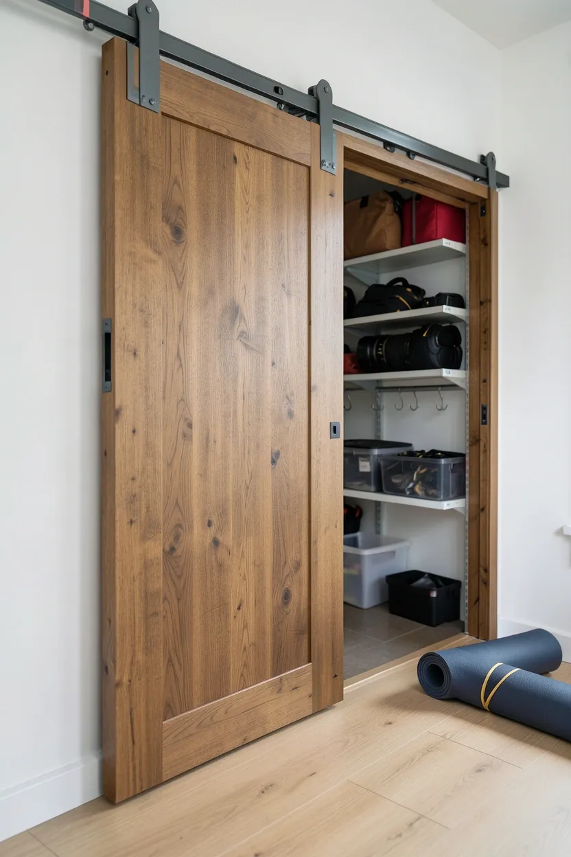 Sliding barn door storage wall system concealing resistance bands and dumbbells in a renter-friendly home gym setup