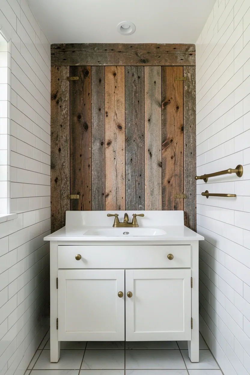 Hyper-realistic eye-level photograph of a rustic bathroom featuring barnwood wall paneling with visible grain and knots, aged weathered patina, white vanity with brass hardware, white subway tile walls on other sides, brass towel rail. Natural light. Materials: aged barnwood planks, brass hardware, white wood cabinet, white ceramic tiles, brass fixtures. Authentic barnwood wall texture. Weathered wood details. No text, no logos, no watermarks.</p>