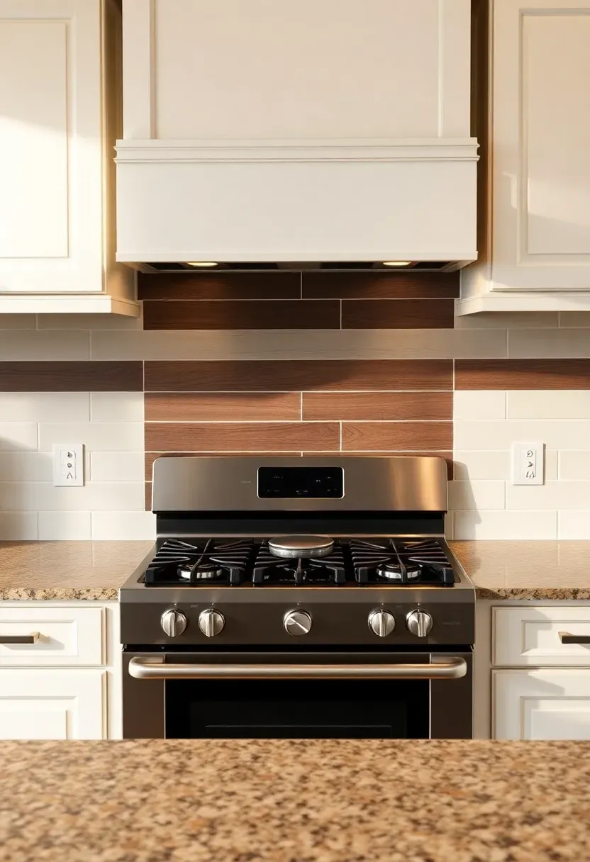 dark walnut wood-look tile accent strip behind range in kitchen with fantasy brown granite countertops and off-white cabinets