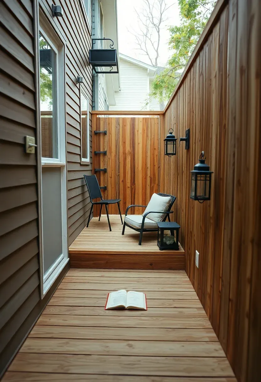 Narrow two-level deck built along a side yard between a house wall and a fence with the upper level near the back door stepping down to a lower reading nook