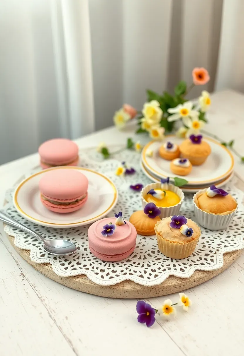 Vintage garden party dessert board with delicate pastries, edible flowers, and antique-style serving pieces