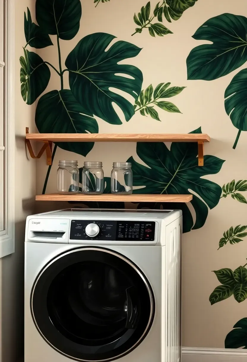 Bold botanical wallpaper accent wall behind a stacked washer dryer with brass shelving brackets and glass jars