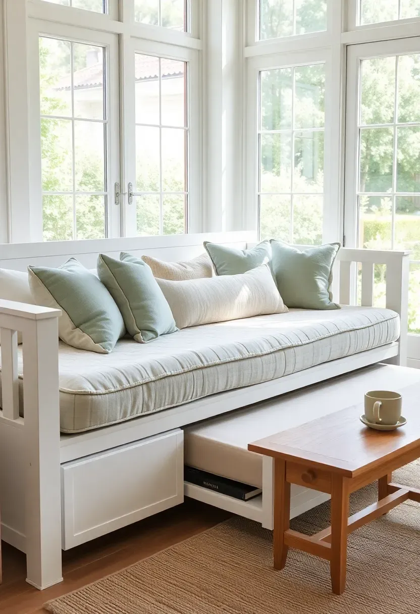 Stylish white daybed with trundle pulled out showing extra mattress, sunroom setting with large windows, throw pillows in sage and cream, books stacked nearby