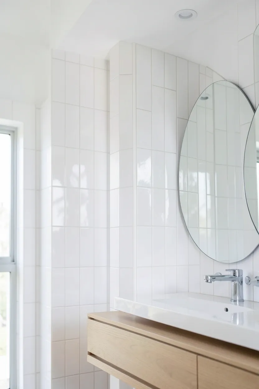 Vertical subway tile accent wall in a modern apartment bathroom, drawing the eye upward to create the illusion of higher ceilings