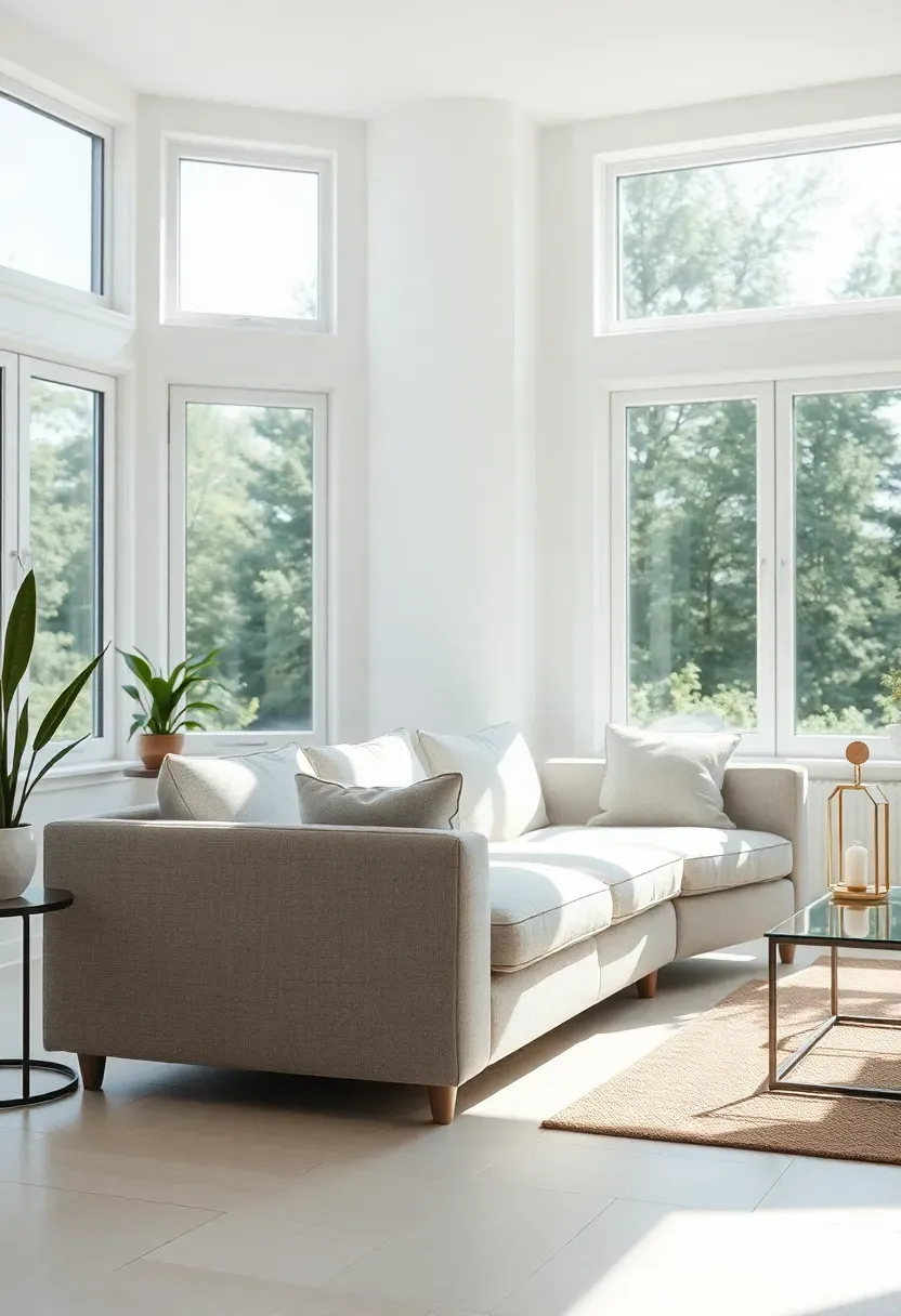 Hyper-realistic wide shot of sunroom-style living room with light gray sofa, floor-to-ceiling windows on two walls flooding space with natural light, white floors reflecting brightness, minimal window treatments or none. Materials: pale gray linen upholstery, white walls, white oak or light stone floor, glass side table. Bright natural light throughout, airy uplifting mood with strong indoor-outdoor connection. Sharp details on sofa texture showing in sunlight, composition emphasizing windows and light, no text, no logos, no watermarks.</p>