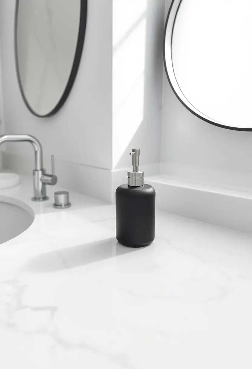 Minimalist bathroom counter with a single elegant soap dispenser and nothing else on a clean white surface