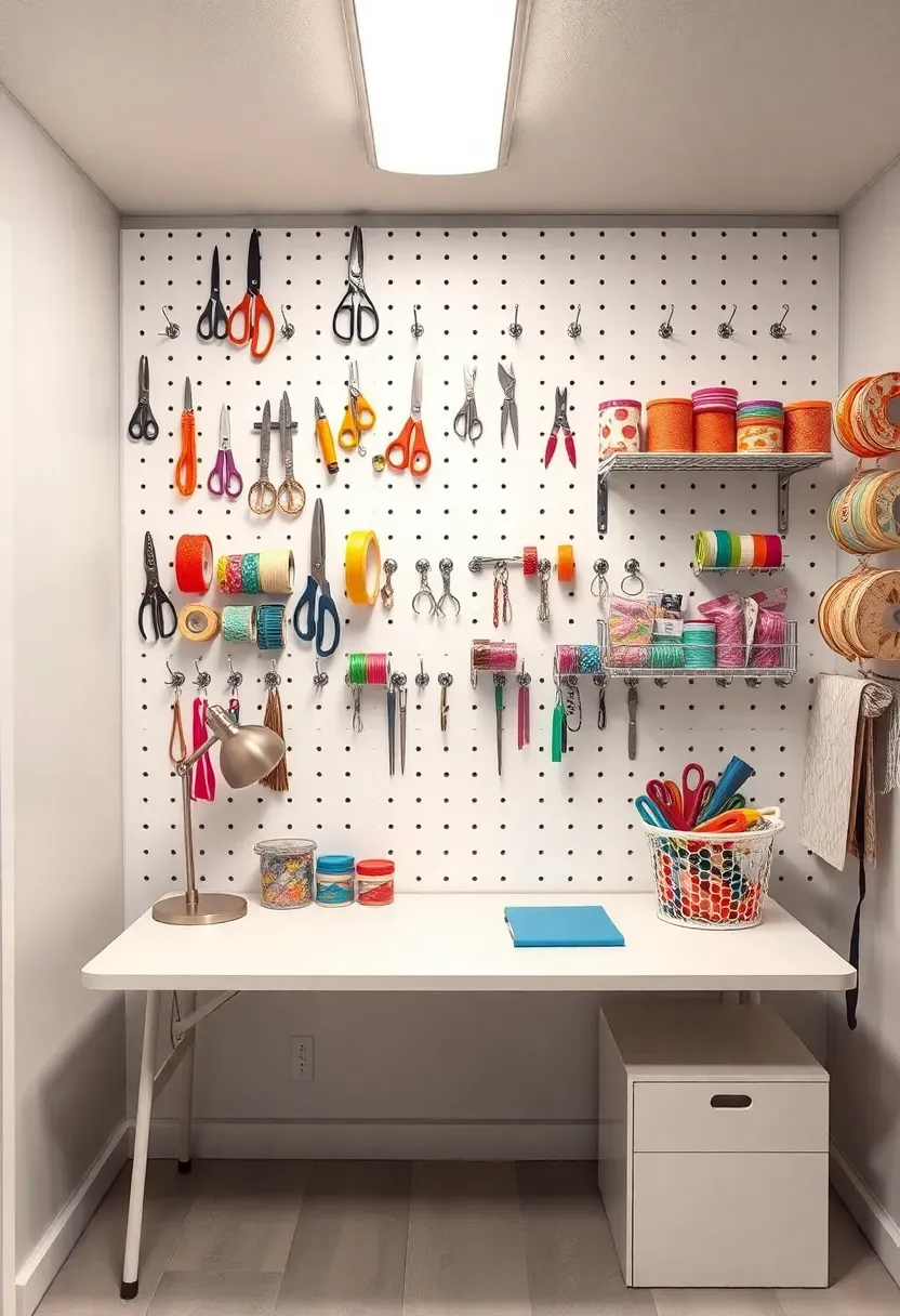 white pegboard wall in a basement craft room with organized tools and supplies hung on metal hooks