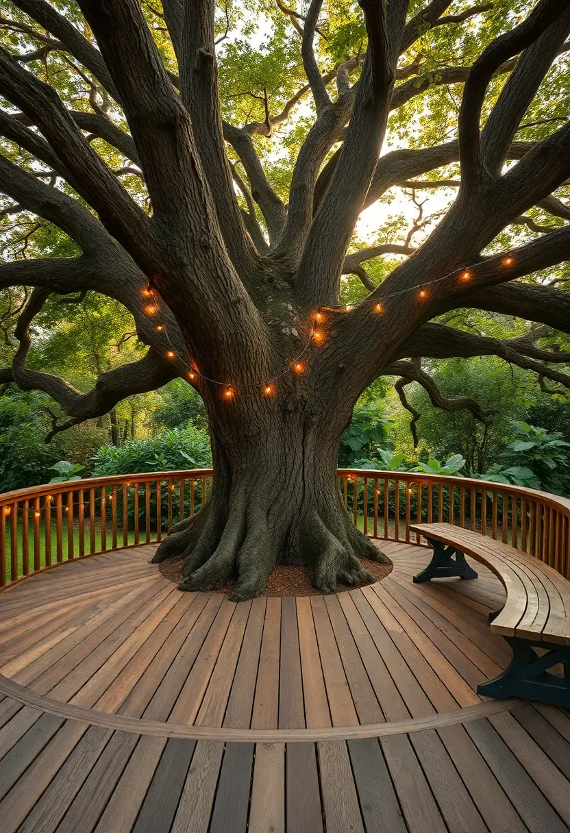 Circular wooden deck built around the trunk of a large mature oak tree, with the canopy providing natural shade and fairy lights in the branches