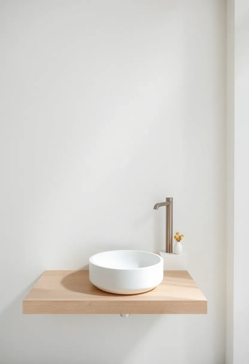 japandi minimalist bathroom with white walls pale wood and clean lines