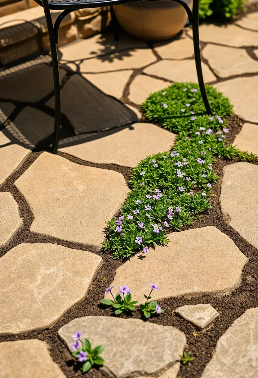 Flagstone patio with creeping thyme growing between joints forming a green and purple carpet pattern in a sunny backyard setting