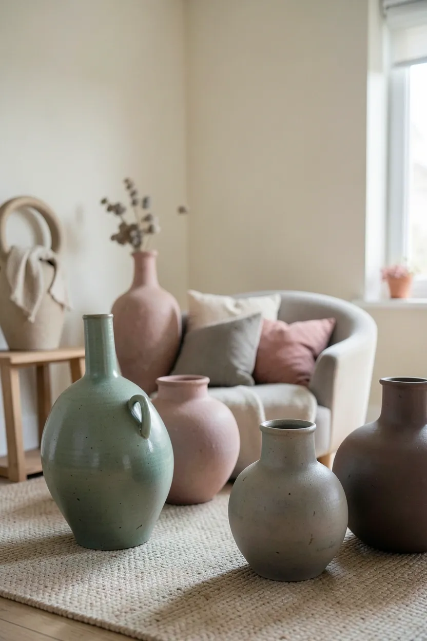 Collection of handmade ceramic vases in sage green, dusty pink, and warm gray on a floating shelf with dried botanicals in a boho Scandinavian apartment