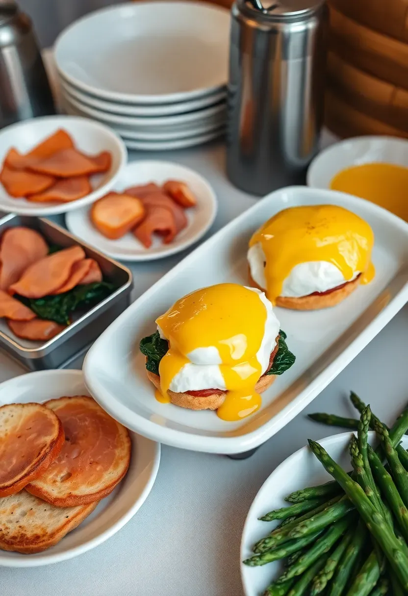 elegant eggs Benedict brunch station at baby shower with poached eggs on English muffins hollandaise sauce smoked salmon and asparagus with serving utensils