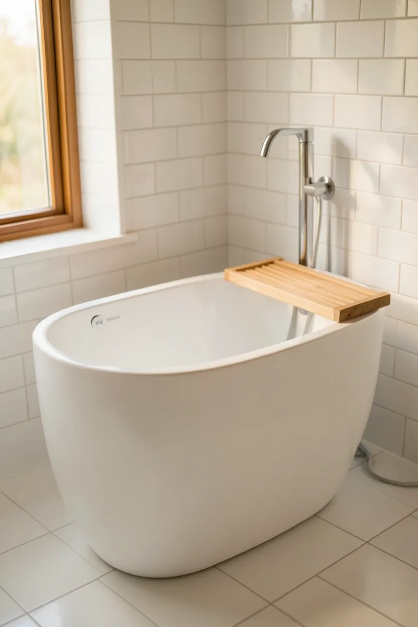 Compact white oval freestanding soaking tub positioned near bathroom window in a small apartment, creating a luxurious spa-like focal point in a rental space