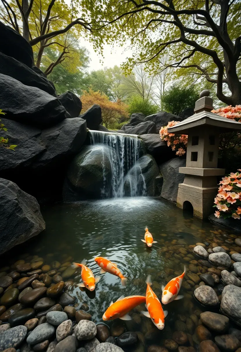 Japanese style waterfall with carefully placed boulders and koi fish swimming in the pond below surrounded by manicured azaleas and a stone lantern