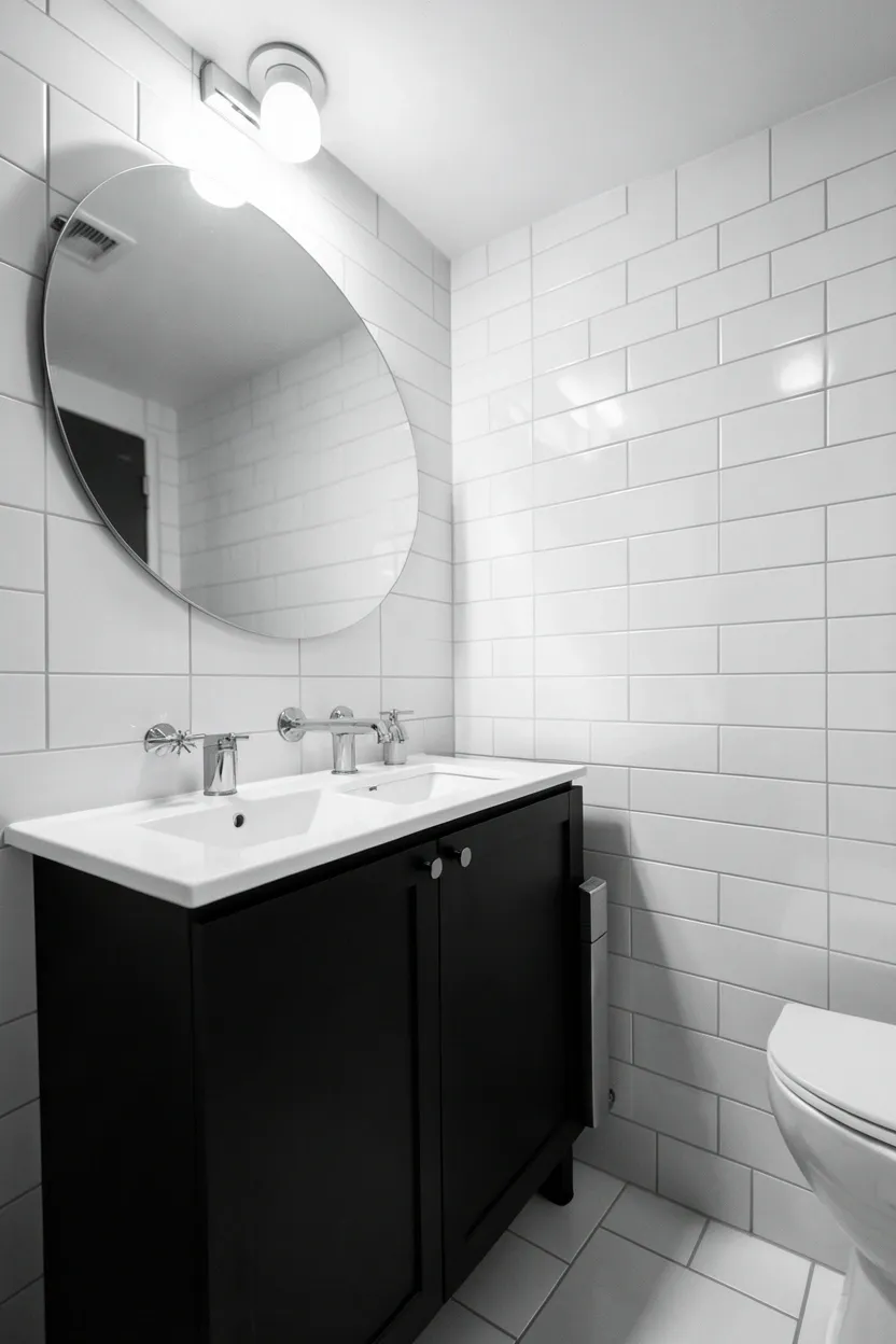 Apartment bathroom with black and white monochrome tiles, matte black hardware, and white vanity — bold renter-friendly color idea