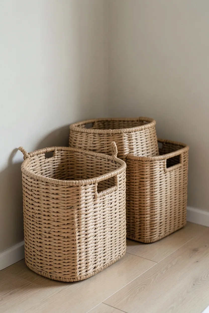 Rattan and seagrass woven storage baskets beside low platform bed in tropical Japandi bedroom
