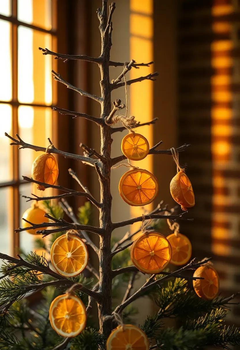Hyper-realistic 3/4 view of a DIY Christmas tree made from wooden branches arranged in tree shape, decorated with dried orange and lemon slices tied with twine. Materials: natural wood branches with bark, dried citrus with translucent membranes, jute twine. Warm golden hour light streaming through window (3200K), creating rich amber tones and long shadows. Organic mood, shallow depth of field focusing on citrus ornaments, visible rustic room context with exposed brick wall. No text, no logos, no watermarks.</p>