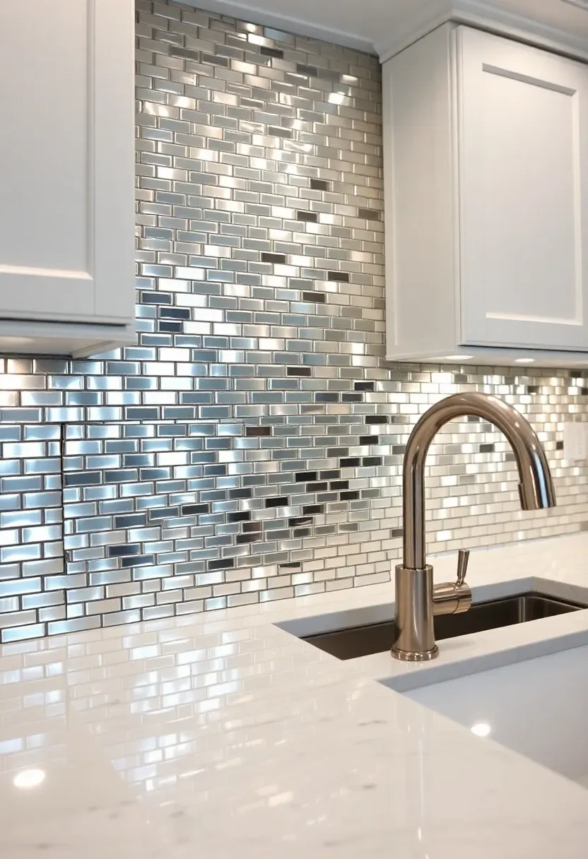 polished nickel metal tile backsplash in small mosaic squares reflecting kitchen lighting with white cabinets