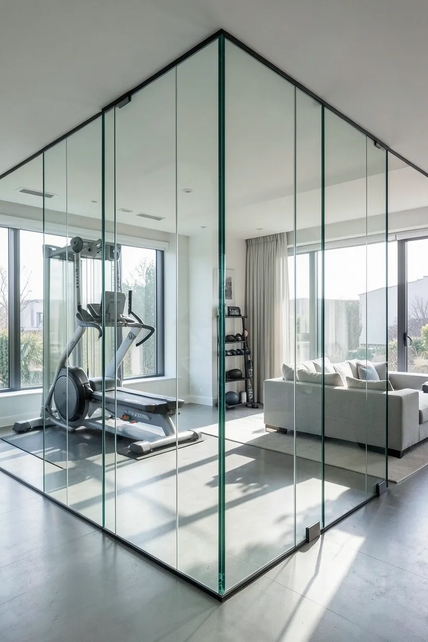 Frameless clear glass partition separating a minimalist home gym from an open-plan living area — transparent divider that preserves natural light and spatial flow