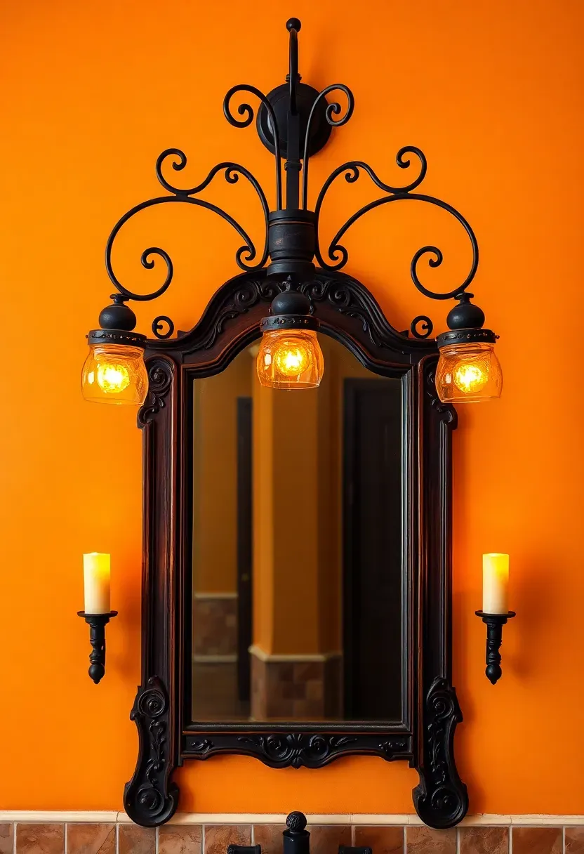 Three-arm wrought iron sconce with curved arms holding amber glass shades above a Tuscan bathroom mirror with carved wood frame