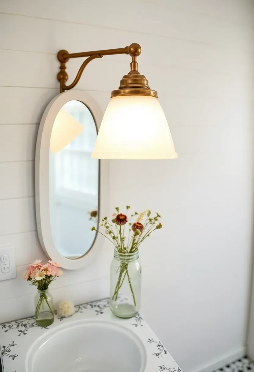 Vintage opal glass schoolhouse light on a brass bracket mounted above a mirror in a farmhouse-style bathroom