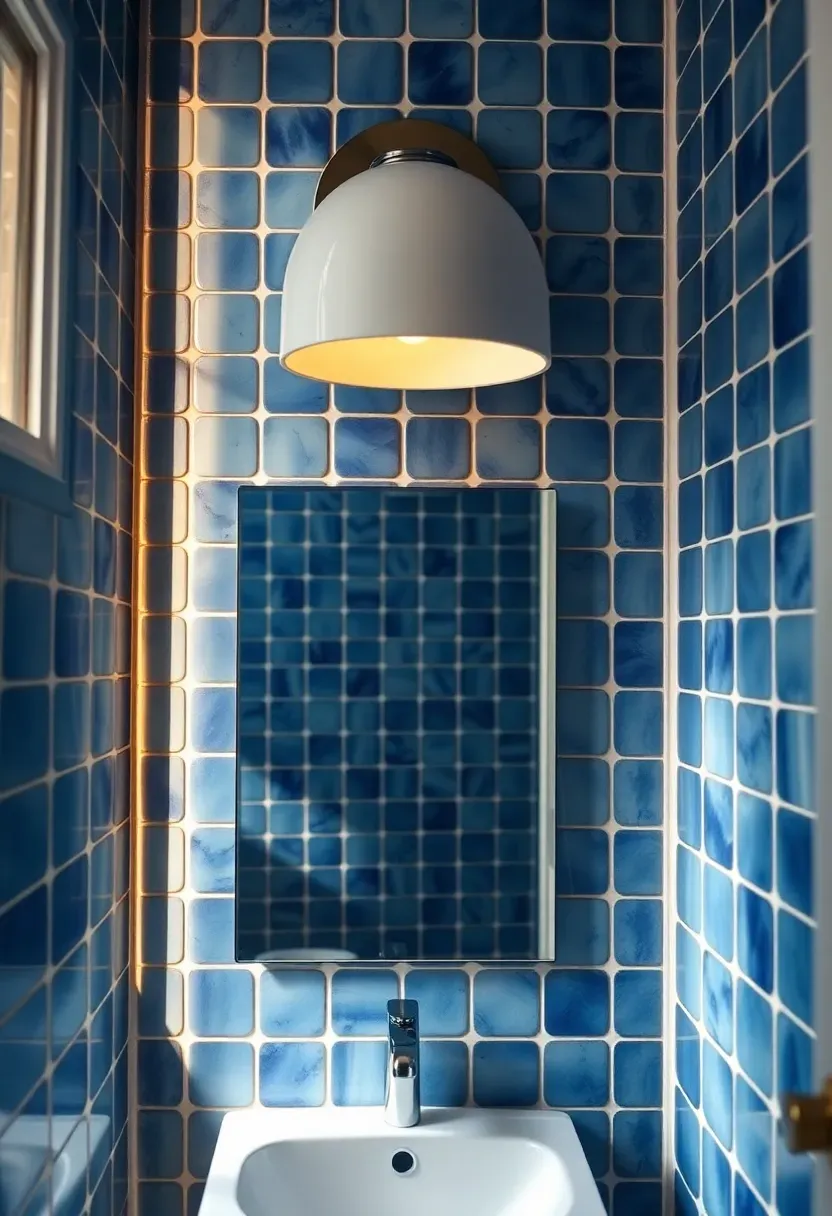 Single white dome flush-mount sconce centered above a small rectangular mirror in a compact bathroom with blue tile