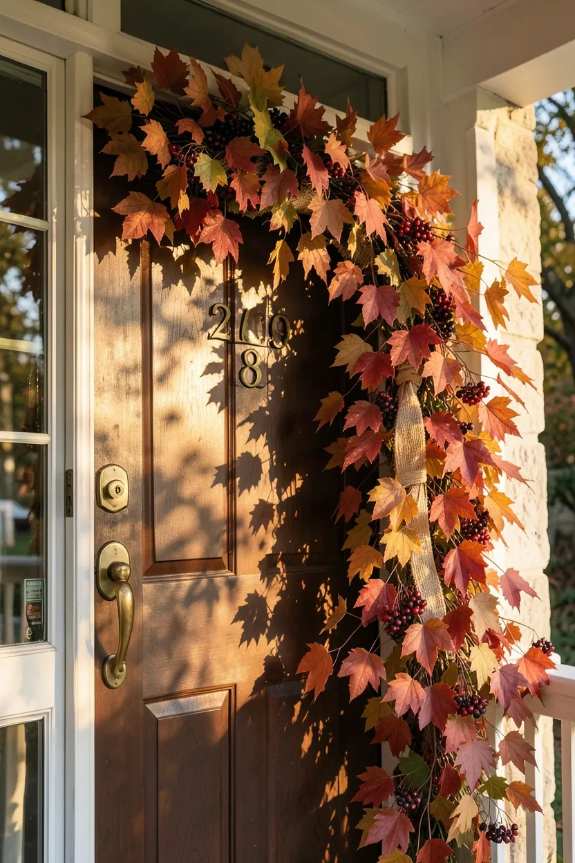 Hyper-realistic eye-level photograph of a fall front porch featuring a lush autumn swag draped across the top of a front door and cascading down the right side. Materials: preserved magnolia leaves with copper undersides, red and orange maple branches, berry clusters, natural jute ribbon binding, brass door hardware. Warm golden hour light filtering through trees, soft shadows across the door surface. Elegant abundant atmosphere. Shallow depth of field, sharp details on leaf textures, balanced composition showing door handle and house number. No text, no logos, no watermarks.</p>