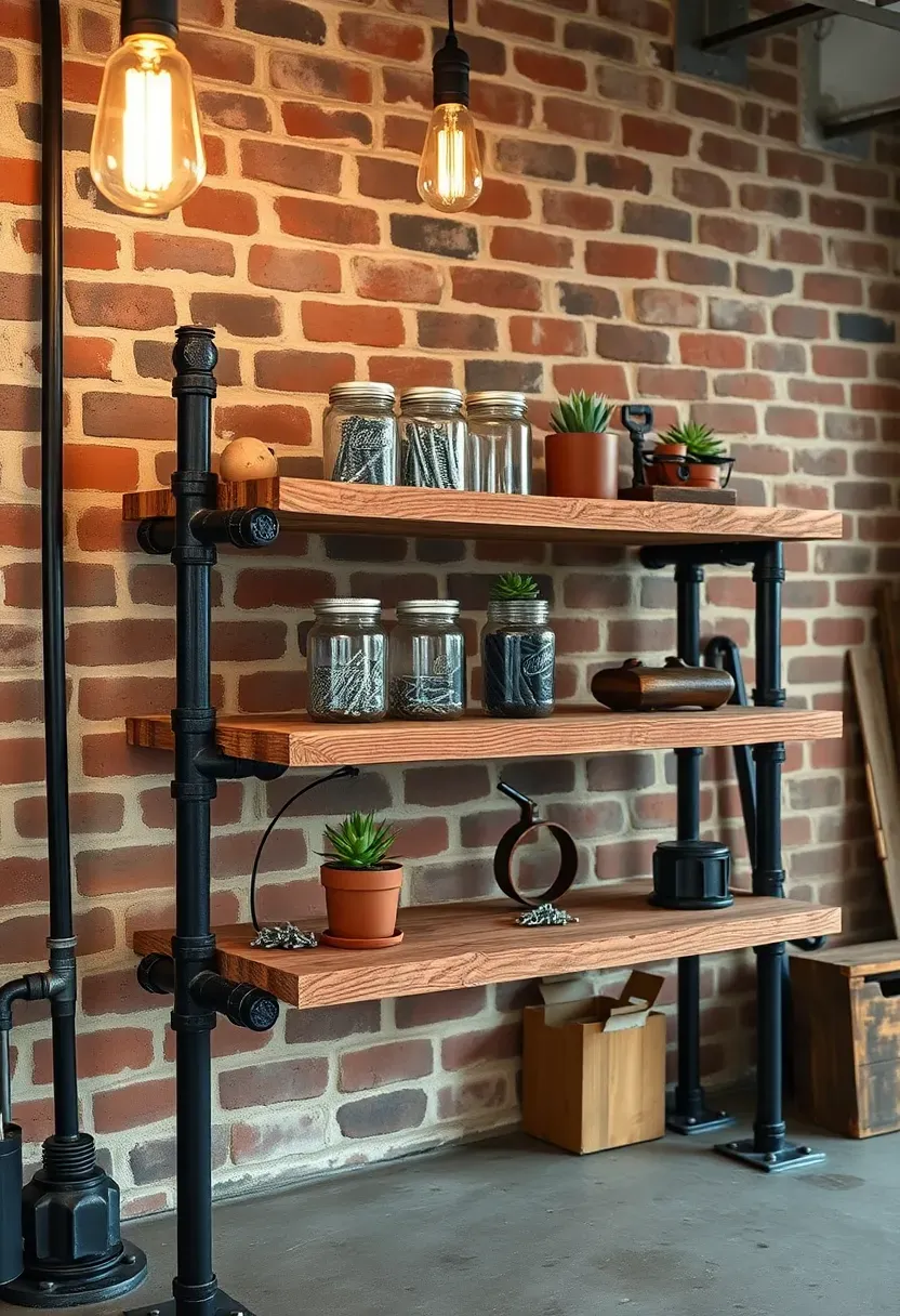 Garage workshop with industrial-style black pipe shelving holding tools, jars of fasteners, and reclaimed wood accent pieces