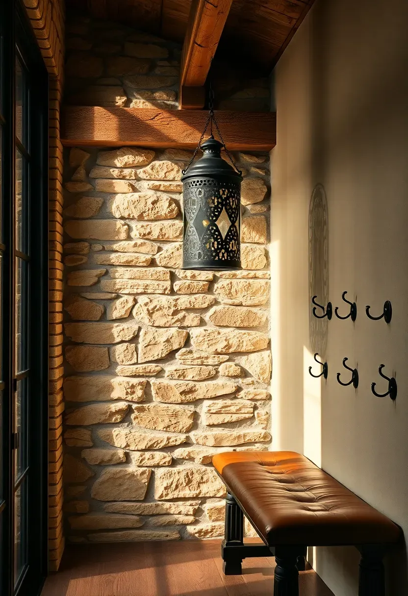 Rustic entryway with stacked stone accent wall, reclaimed timber ceiling beam, wrought-iron lantern pendant, and leather-topped bench